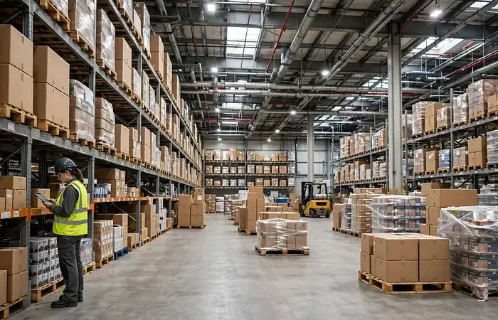 warehouse_crisp_800x450-700x450 Short alt tag: `Modern warehouse with stacked boxes and worker checking inventory on tablet`